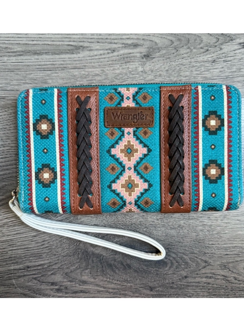 Wrangler Turquoise Aztec Wristlet with Brown Leather Accents